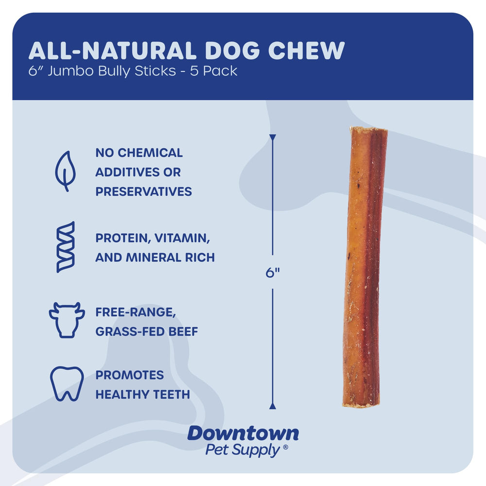 Downtown Pet Supply bully stick packaging highlights rawhide-free, single-ingredient beef quality.