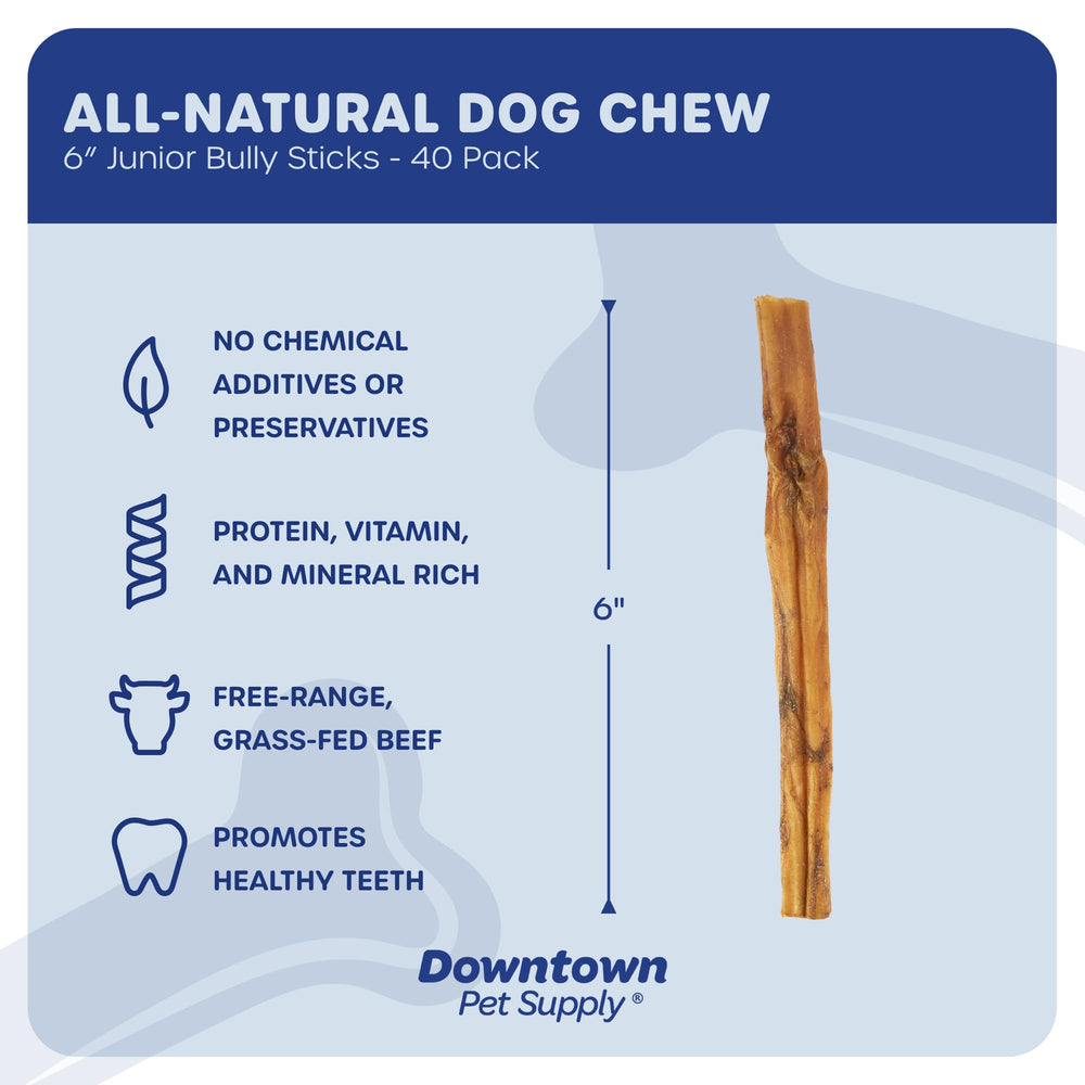 Downtown Pet Supply bully sticks 6in 40-pack, meaty scent enhances chew appeal.