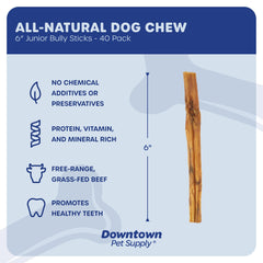Downtown Pet Supply bully sticks 6in 40-pack, meaty scent enhances chew appeal.