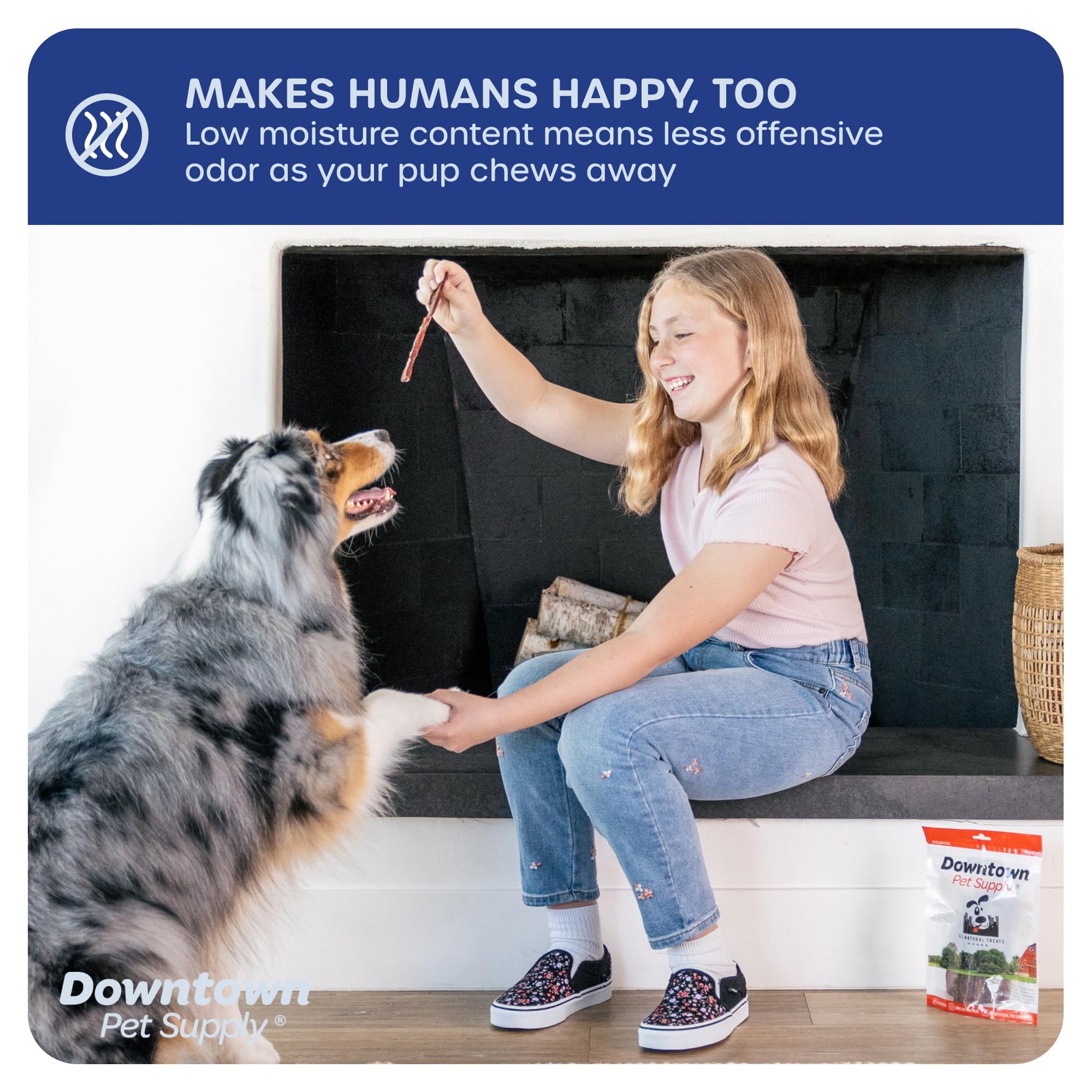 Downtown Pet Supply bully sticks low-odor chew, near-pack closeup shows mess-free option.