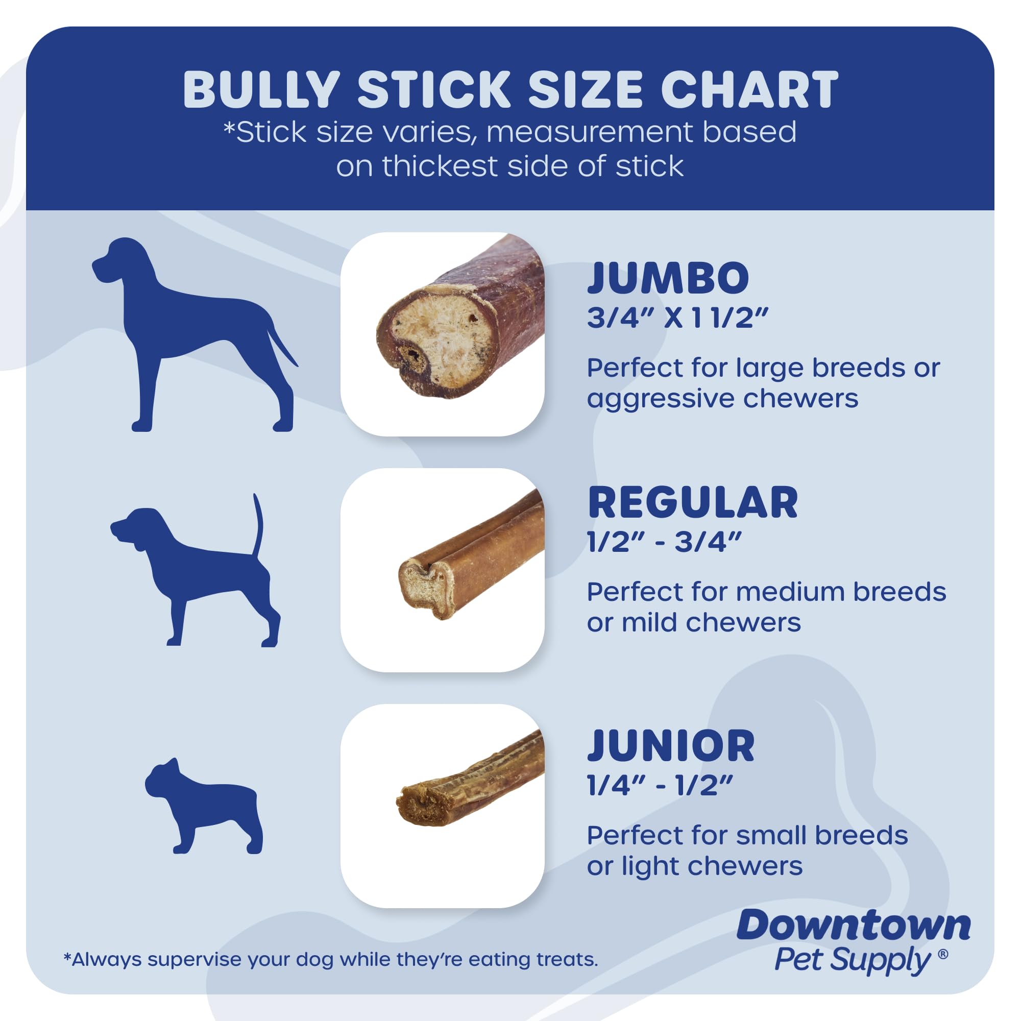 Downtown Pet Supply bully sticks no-hide packaging, closeup emphasizes safe chew option.
