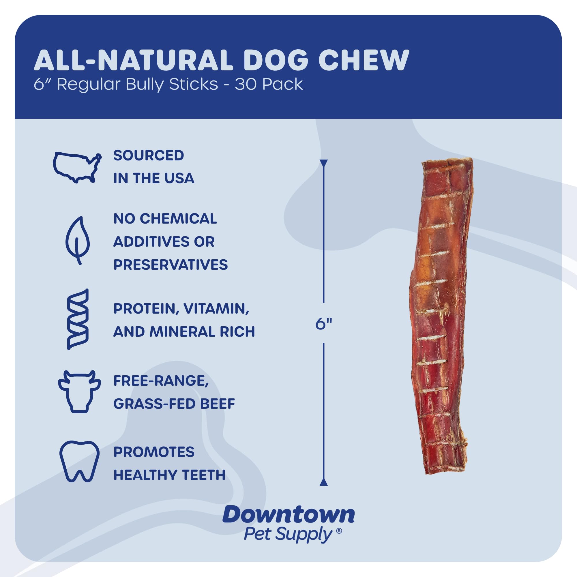 Downtown Pet Supply grass-fed beef bully stick emphasizes natural nutrition and richer flavor.