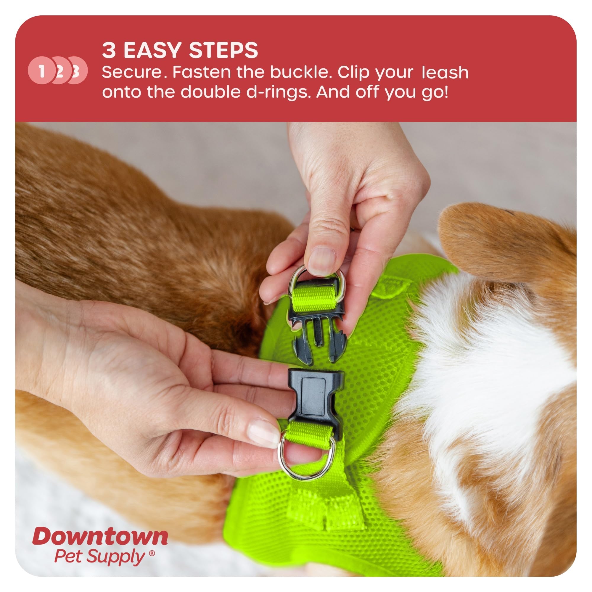Downtown Pet Supply hook-and-loop-closure detail aids precise fit.