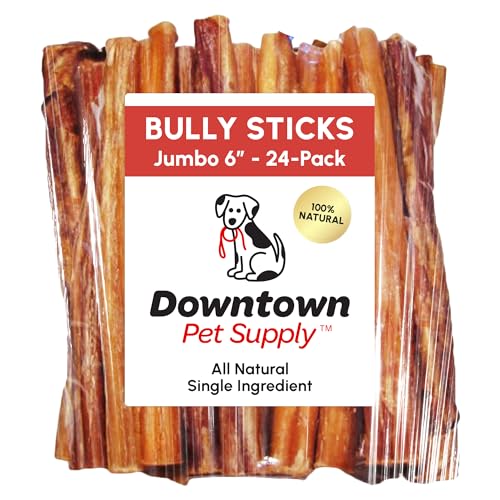 Downtown Pet Supply jumbo bully stick 12in beef chew for long-lasting entertainment and dental health.