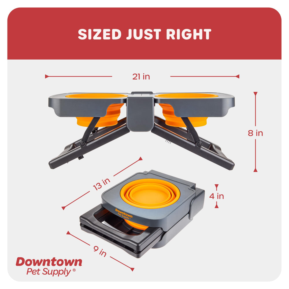 Downtown Pet Supply raised dog bowl travel-ready setup for camping and trips.