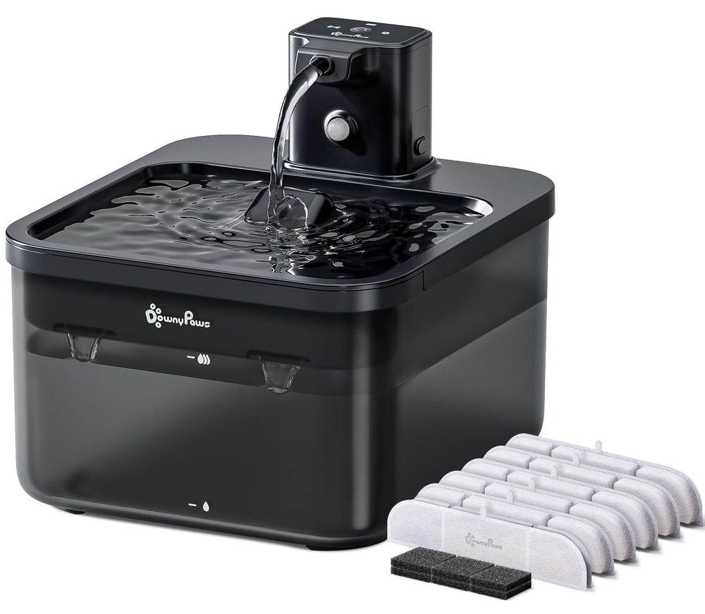 DownyPaws battery-operated fountain front view with cordless placement for versatile setup