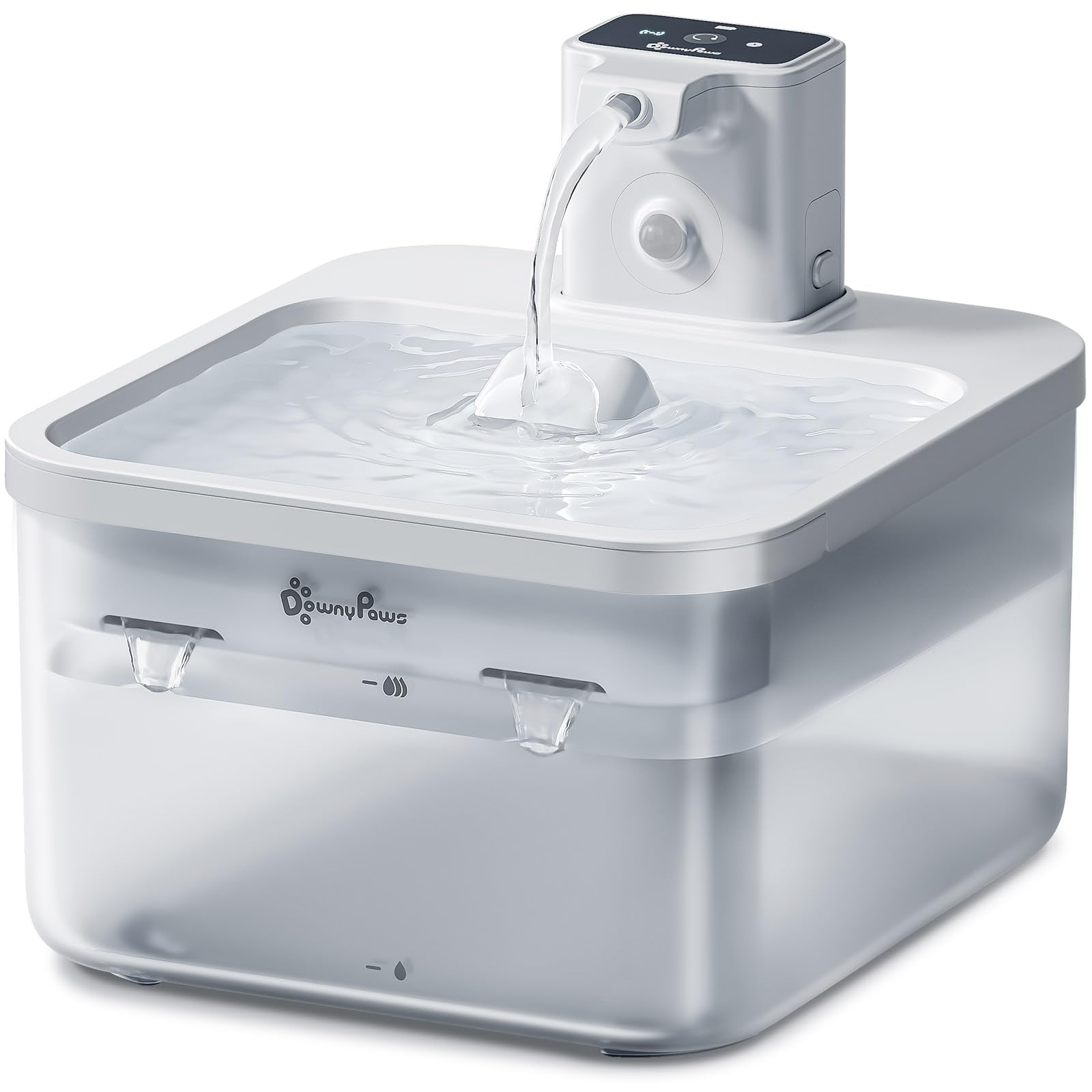 DownyPaws battery-operated fountain front view enables flexible pet hydration anywhere
