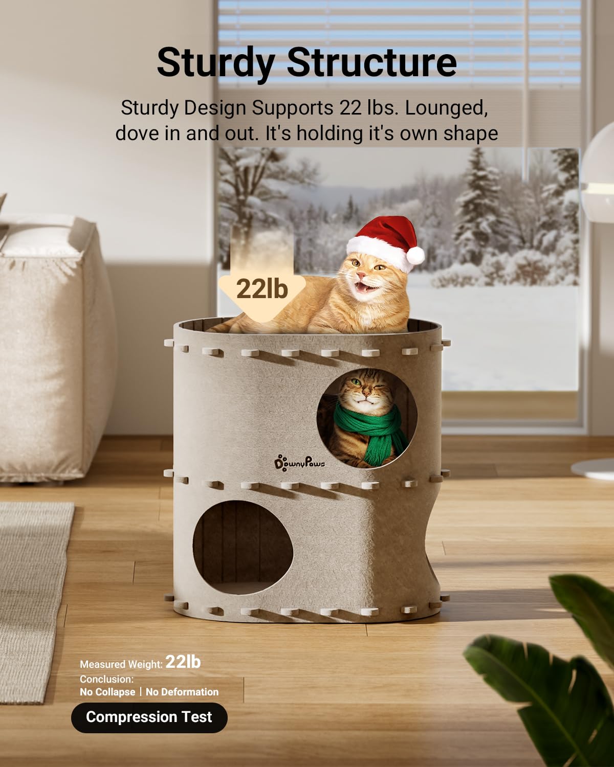 DownyPaws cat house folded-flat storage—quick cleanup and compact stowaway after adventures.