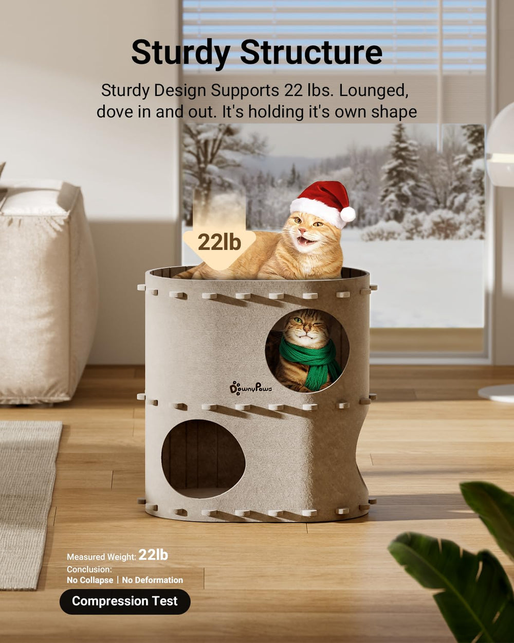 DownyPaws cat house folded-flat storage—quick cleanup and compact stowaway after adventures.