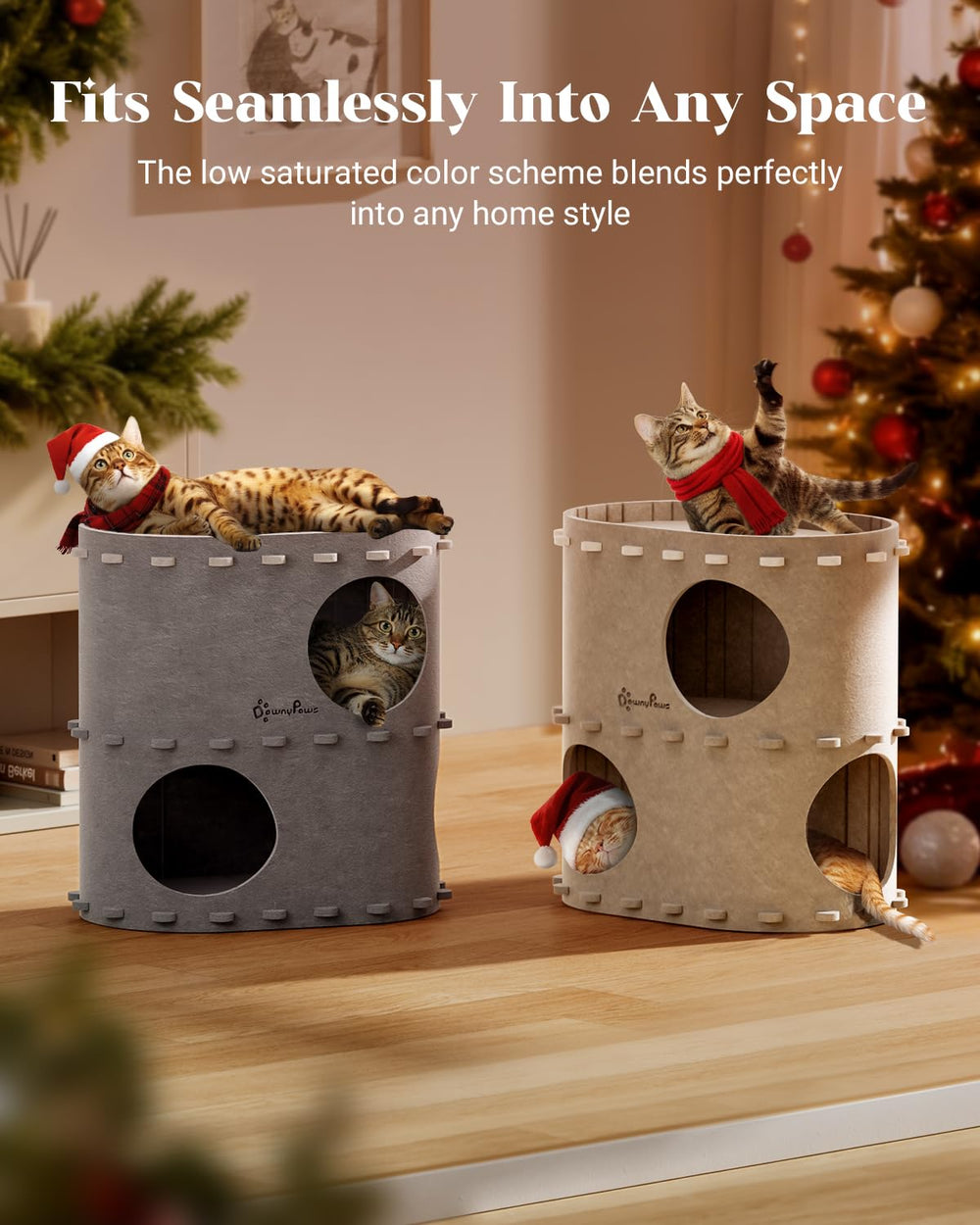 DownyPaws cat house scratch-resistant felt—durable surface for claws and quiet corners.