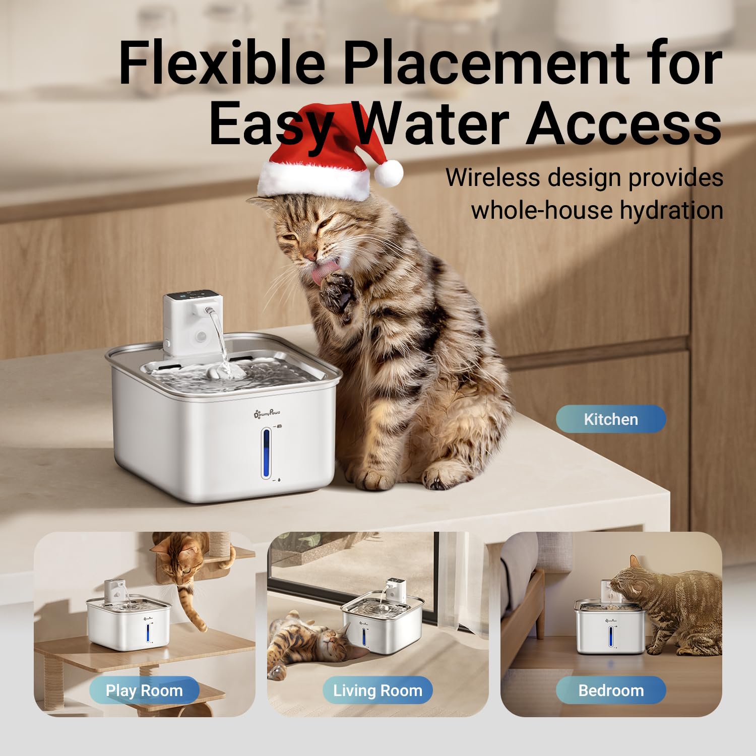 DownyPaws cat water fountain battery-pack focuses on cordless operation.
