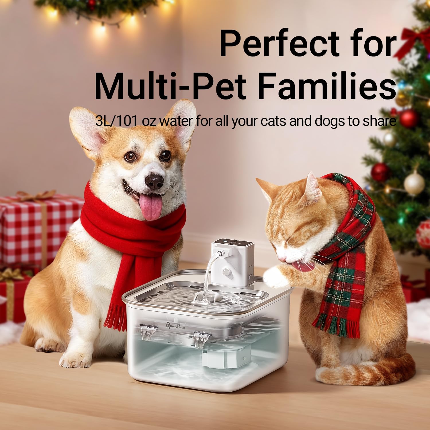 DownyPaws cat water fountain capacity-3l image highlights long water supply.