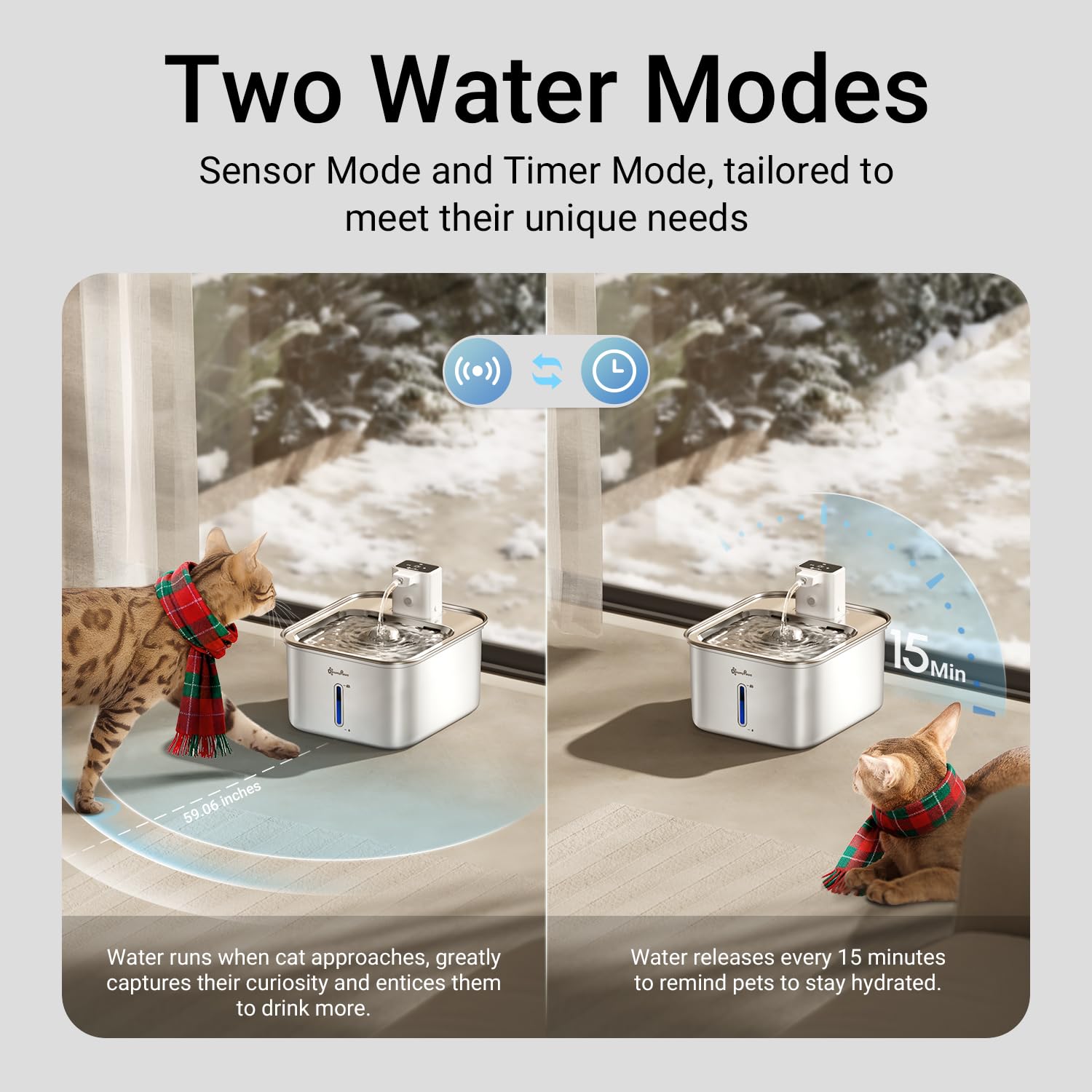 DownyPaws cat water fountain dispensing-flow demonstrates faucet-like drinking.