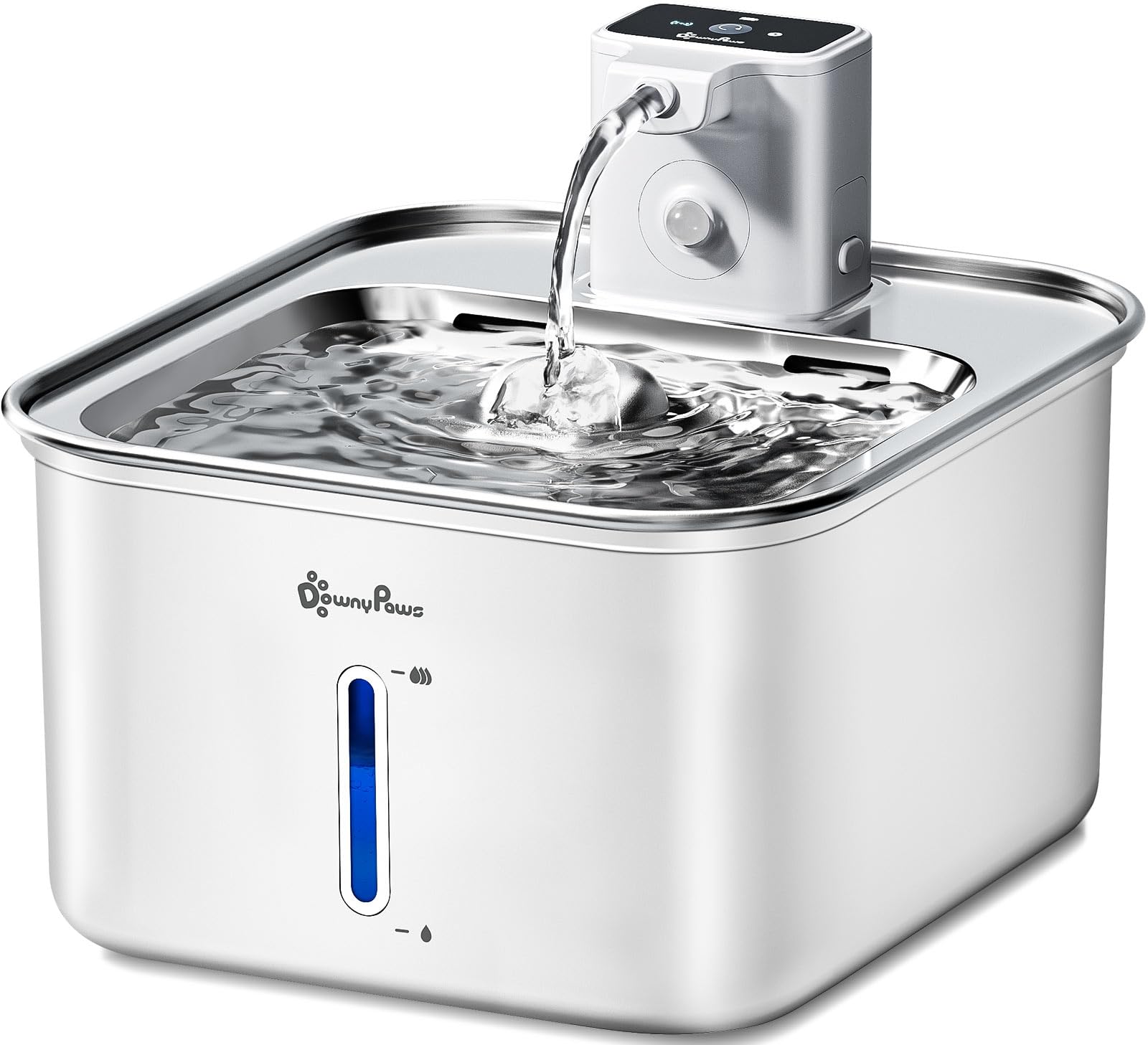 DownyPaws cat water fountain front view shows stainless steel for safe hydration.