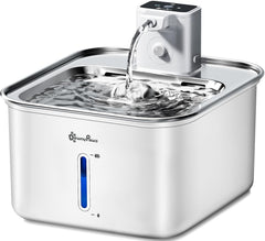 DownyPaws cat water fountain front view shows stainless steel for safe hydration.
