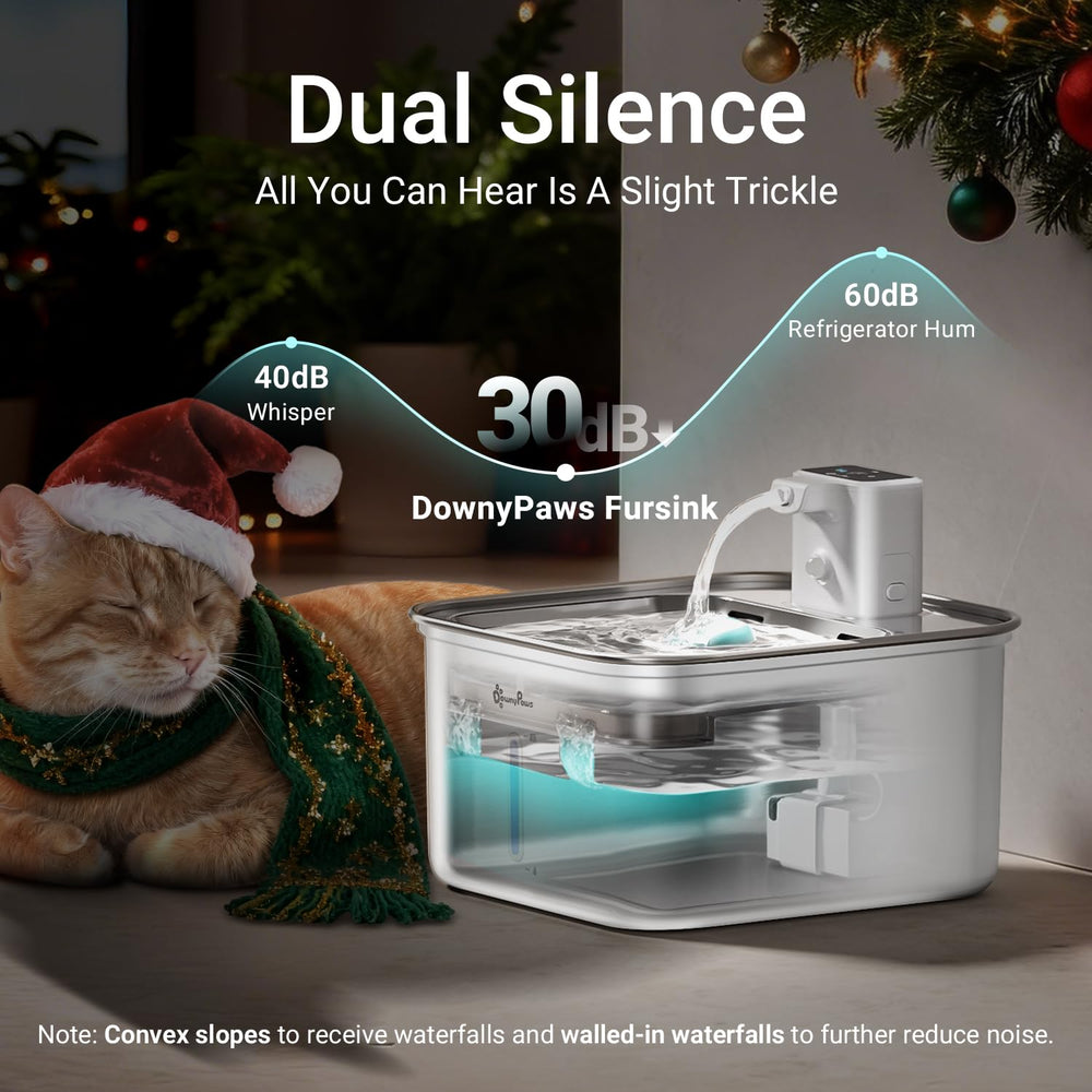 DownyPaws cat water fountain motion-sensor view shows auto hydration prompts.