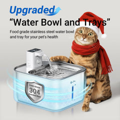 DownyPaws cat water fountain stainless-steel detail highlights hygienic surface.