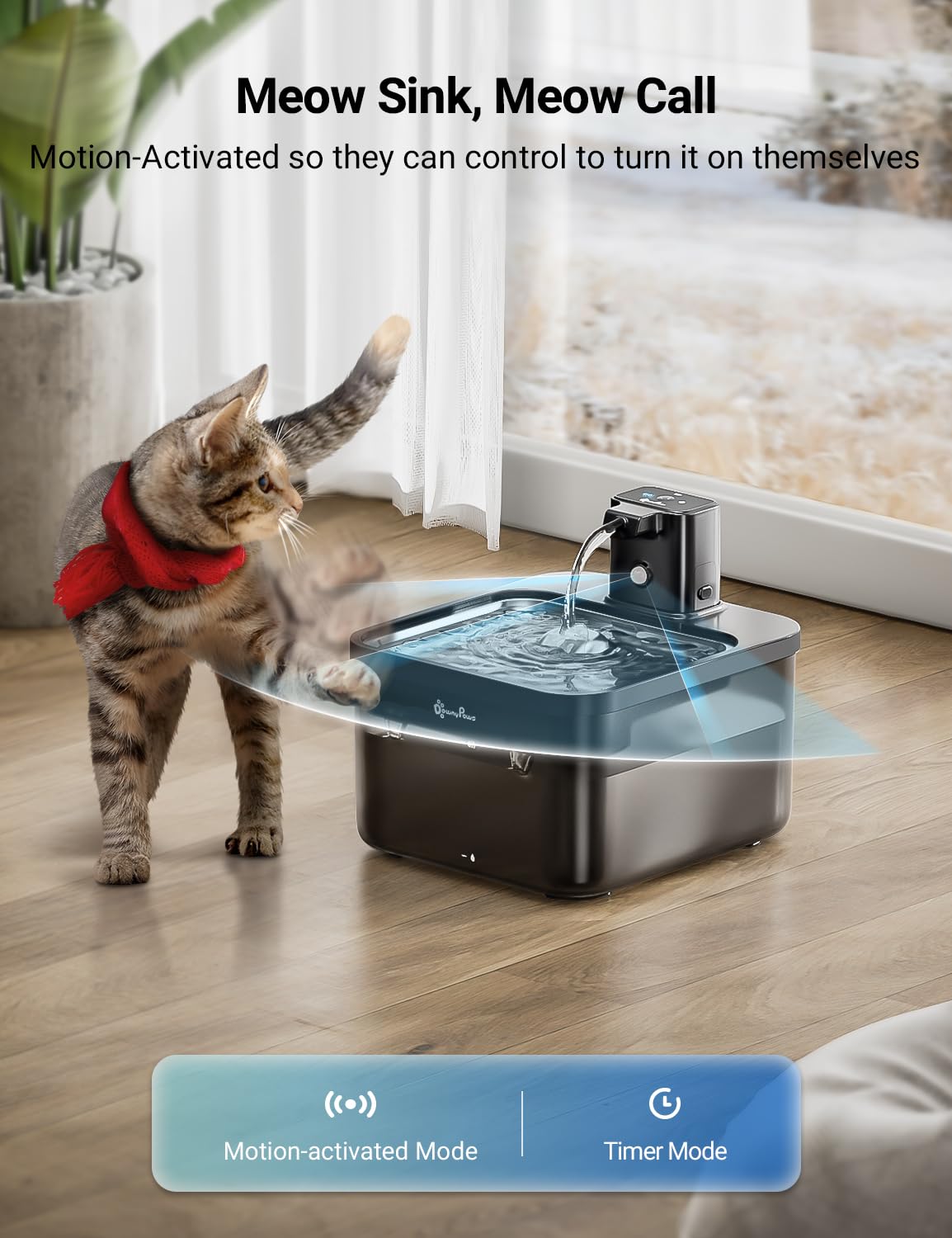 DownyPaws fountain wireless operation demonstrates flexible placement for pet hydration.
