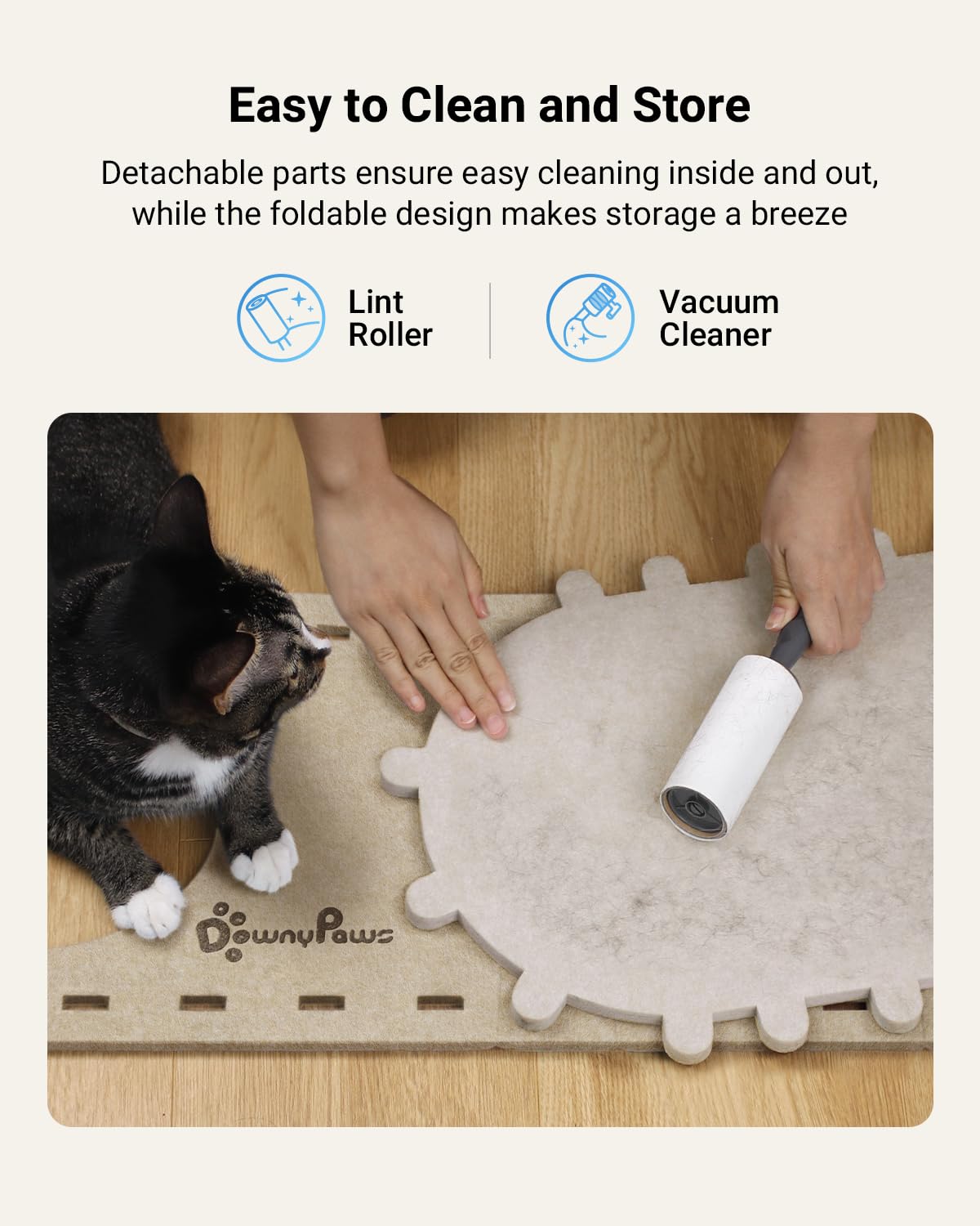 DownyPaws PeekaPurr easy assembly and fold-flat design for quick cleaning and storage.