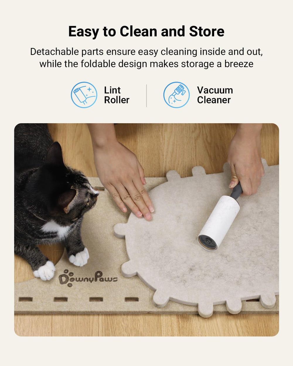 DownyPaws PeekaPurr easy assembly and fold-flat design for quick cleaning and storage.