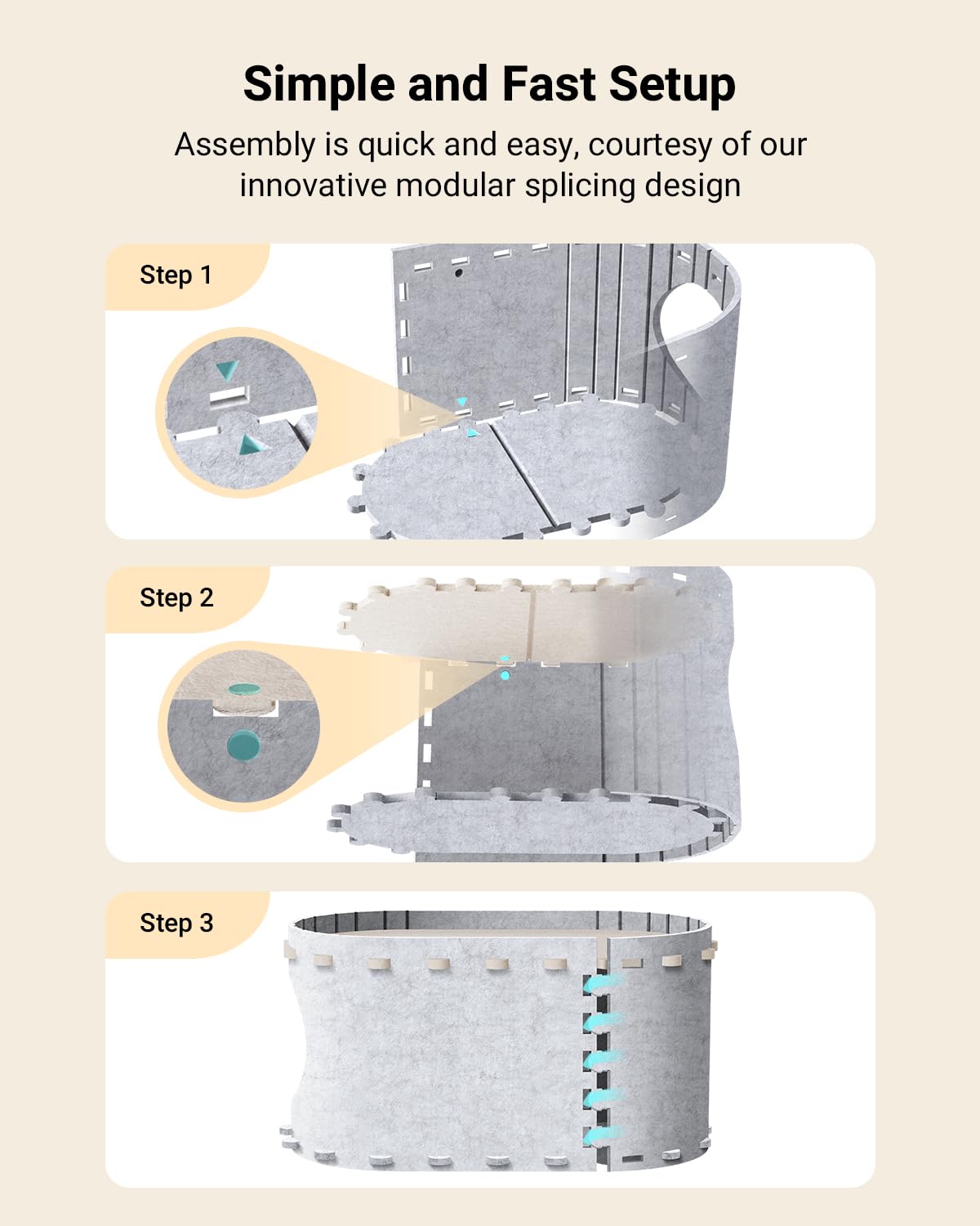 DownyPaws PeekaPurr easy assembly; folds flat for storage and cleaning.