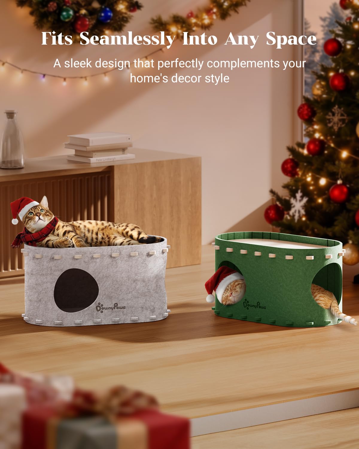 DownyPaws PeekaPurr hard-wearing felt closeup; claw-resistant texture for gentle scratching.