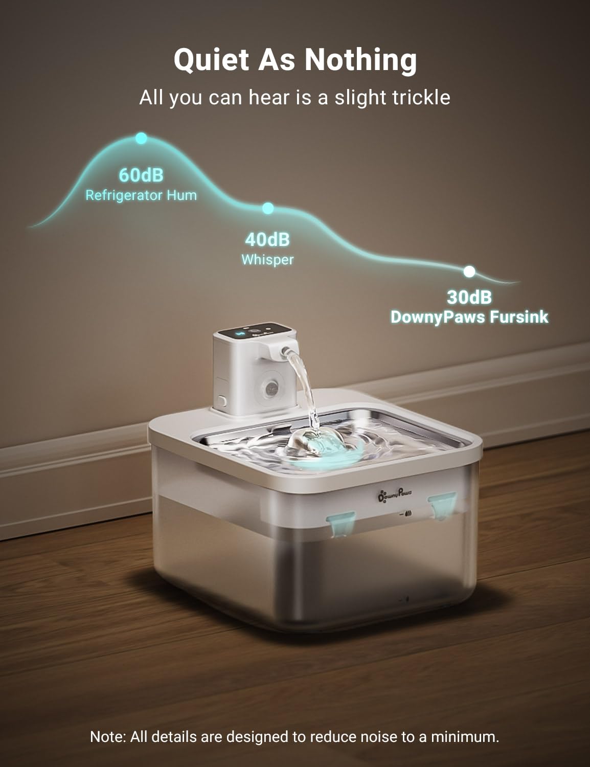 DownyPaws water fountain BPA-free label emphasizing pet-safe materials