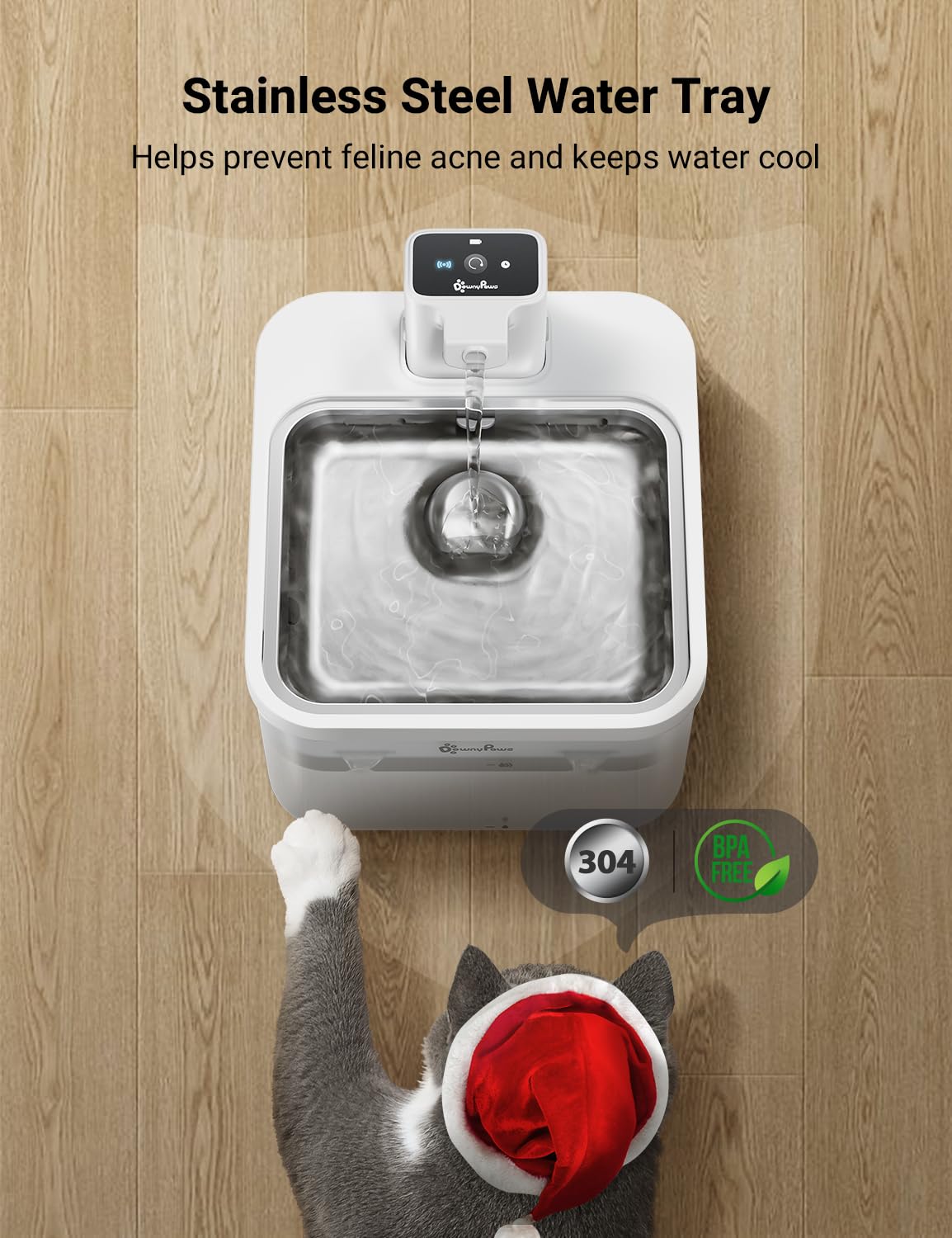 DownyPaws water fountain filtration system closeup illustrating five-stage cleanliness