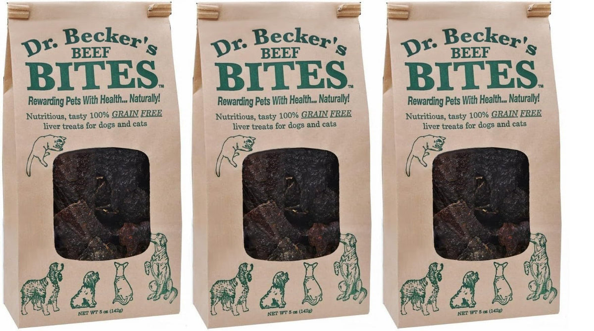 Dr. Becker's Original Beef Bites 3-pack packaging, perfect for training rewards.