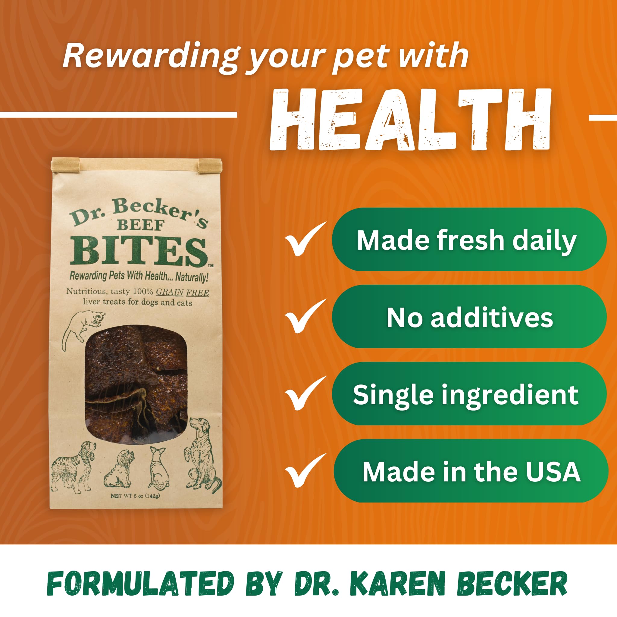 Dr. Becker's Original Beef Bites single-ingredient label highlighting one ingredient.