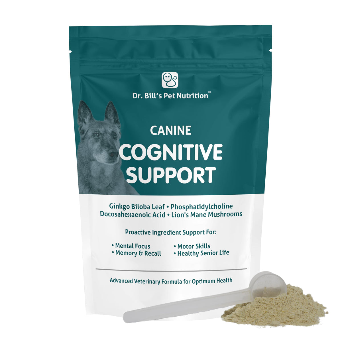 Dr. Bill’s Canine Cognitive Support bottle supports aging dog brain health and memory.