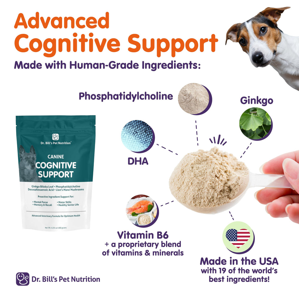 Dr. Bill’s Canine Cognitive Support USA-made label emphasizes quality standards.