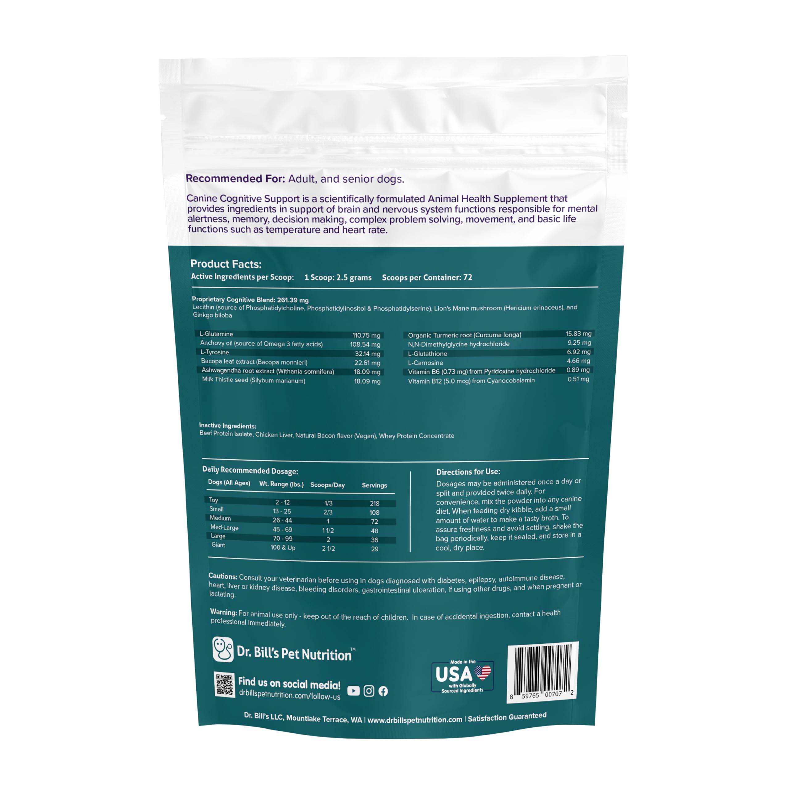 Dr. Bill’s Canine Cognitive Support Vitamin B-12 capsule supports energy and nerve health.
