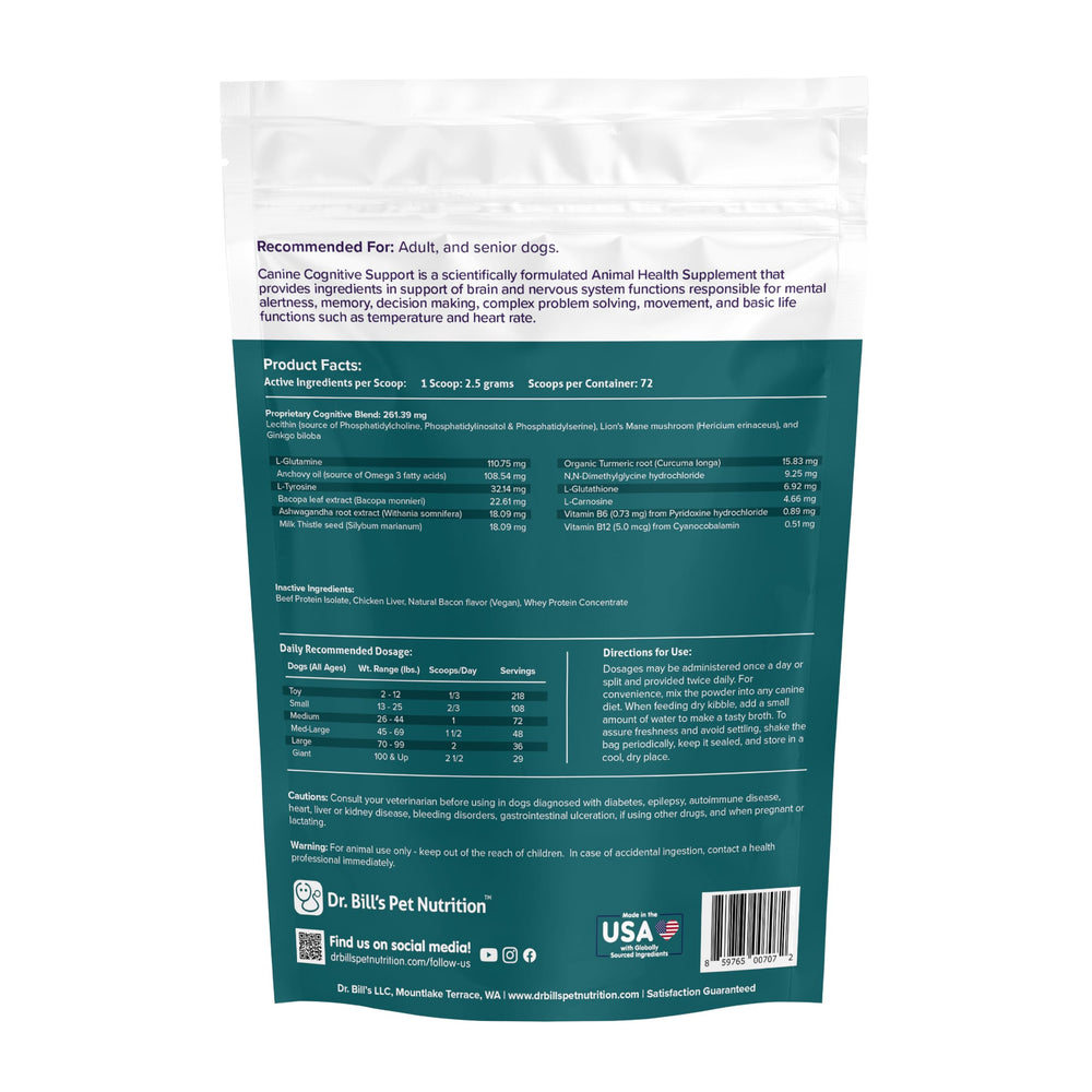 Dr. Bill’s Canine Cognitive Support Vitamin B-12 capsule supports energy and nerve health.