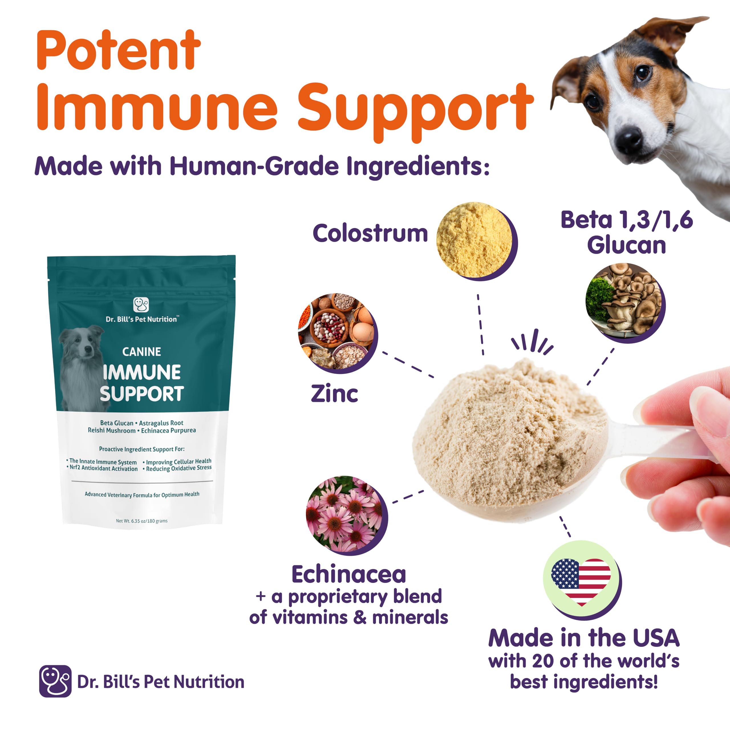 Dr. Bill’s Canine Immune Support vitamin C and zinc feature nutrients