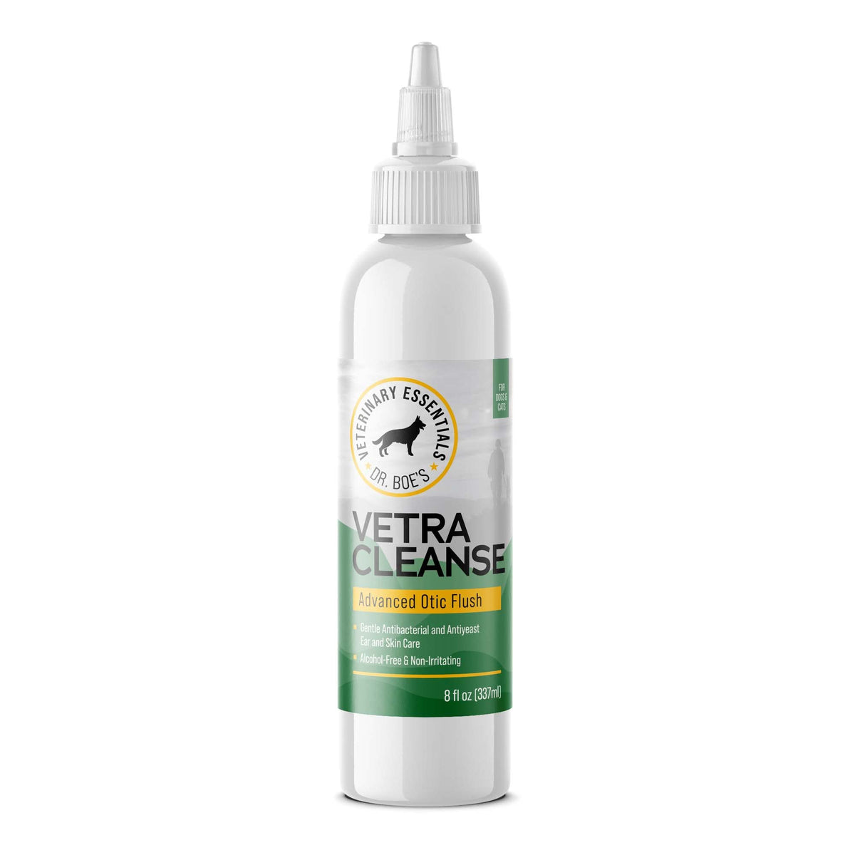 Dr Boe's VetraCleanse Advanced Otic Flush bottle for routine ear cleansing supports pet ear hygiene.