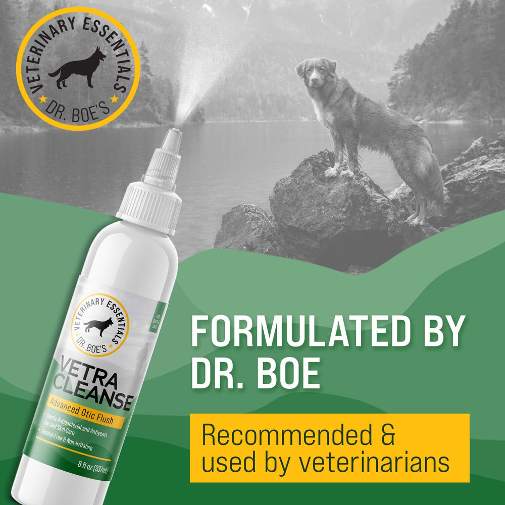 Dr Boe's VetraCleanse Advanced Otic Flush for cats to support gentle ear hygiene.