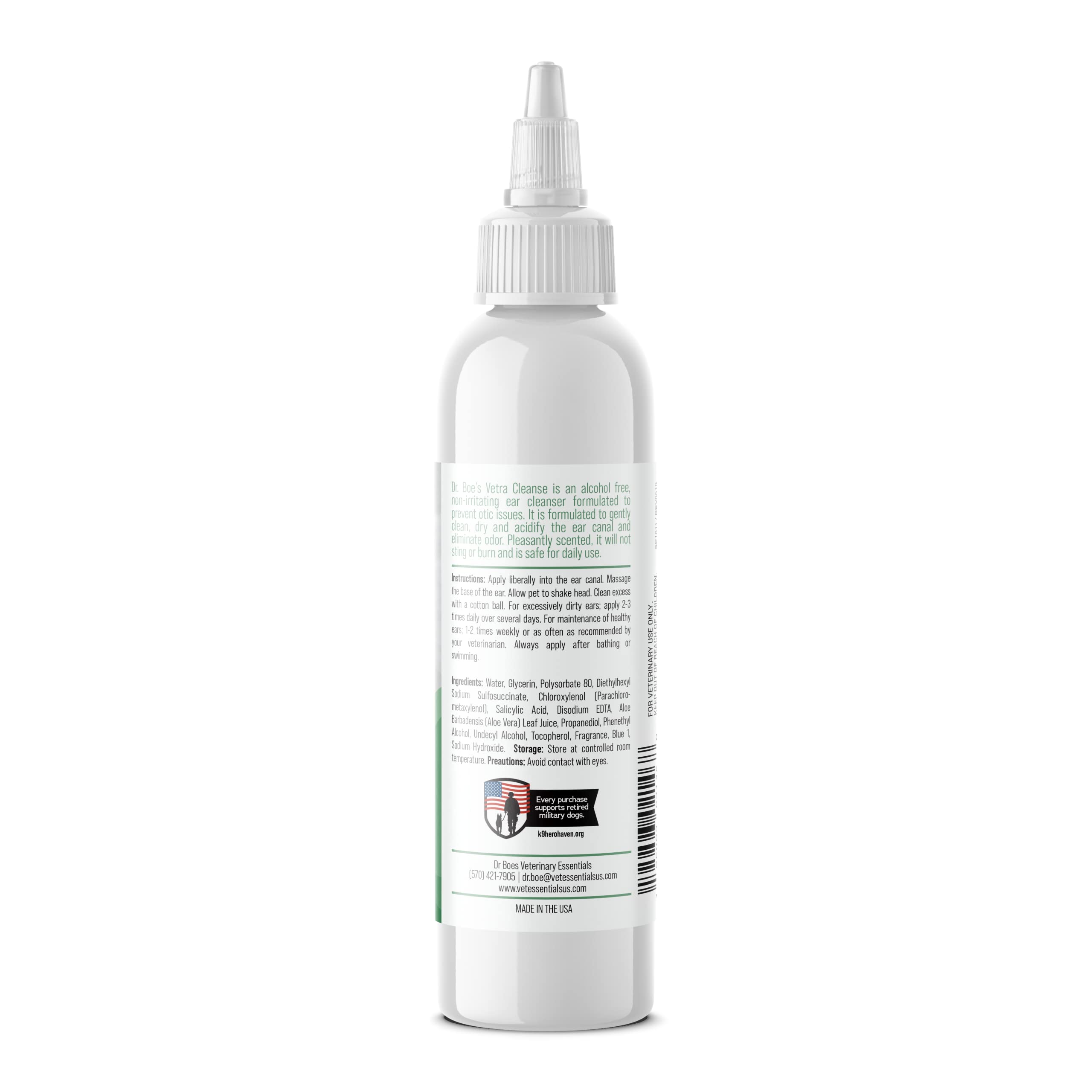 Dr Boe's VetraCleanse Advanced Otic Flush used on dogs to maintain comfortable ears.