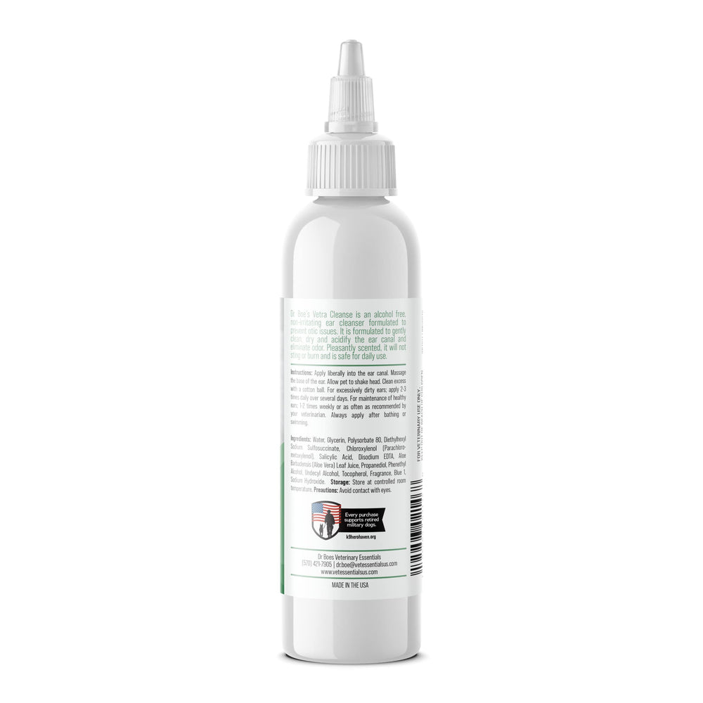 Dr Boe's VetraCleanse Advanced Otic Flush used on dogs to maintain comfortable ears.