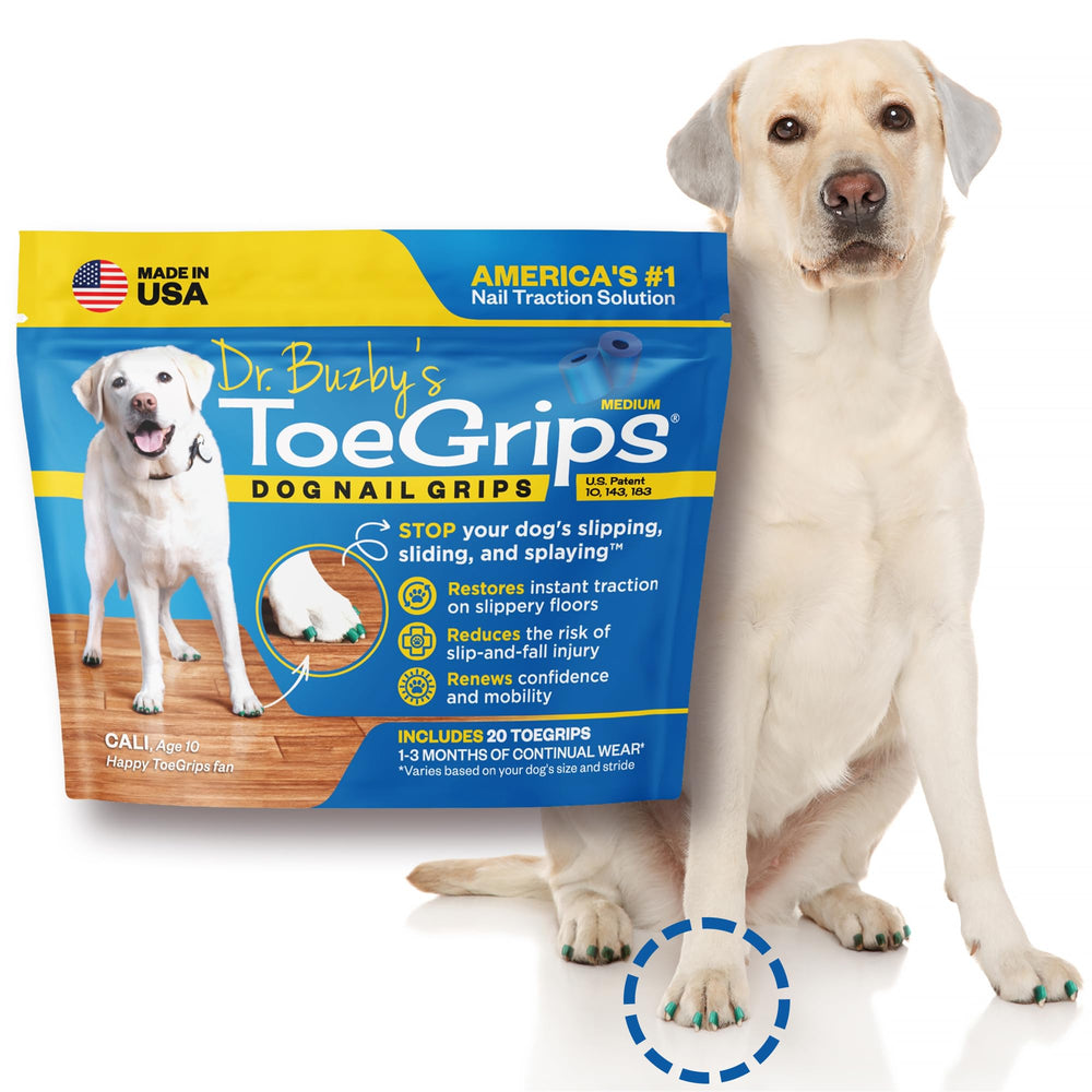 Dr Buzby's ToeGrips packaging displays a ready traction solution for dogs.