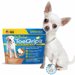 Dr Buzby's ToeGrips XSmall on a dog's paw for instant hardwood traction.