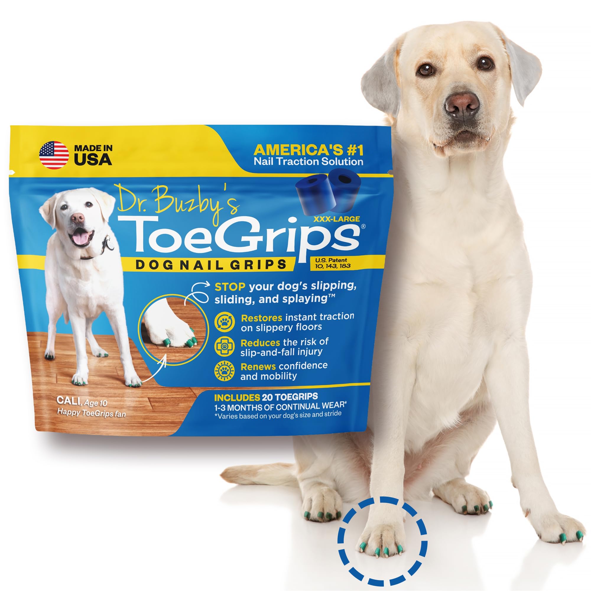 Dr. Buzby's XXXLarge ToeGrips on a dog's paw providing instant traction on wood floors