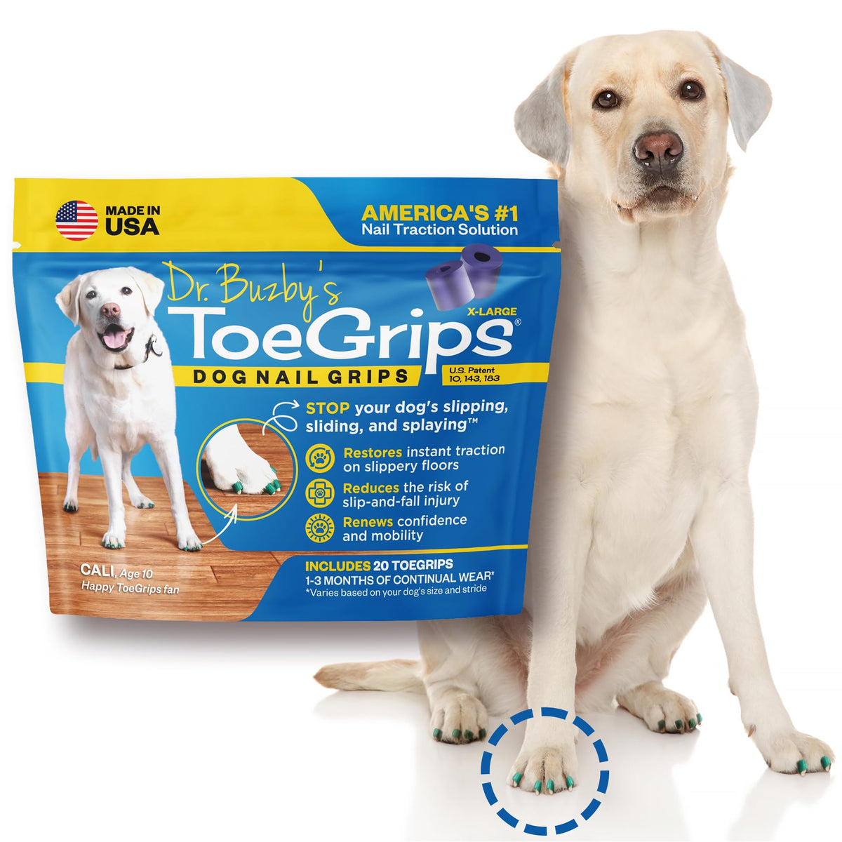 Dr. Buzby's ToeGrips XLarge box packaging showing 20 grips for quick traction.
