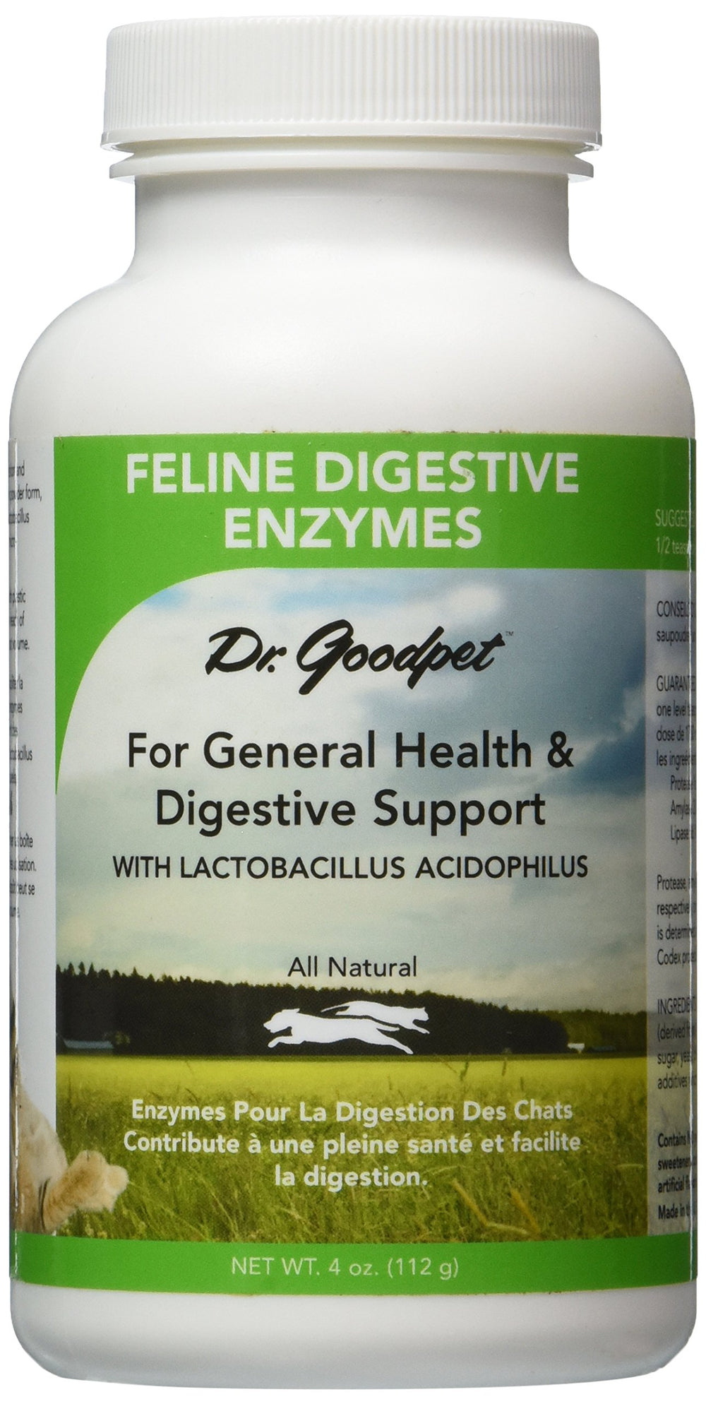Dr. Goodpet feline digestive enzymes bottle highlights vegan formula for digestive support.