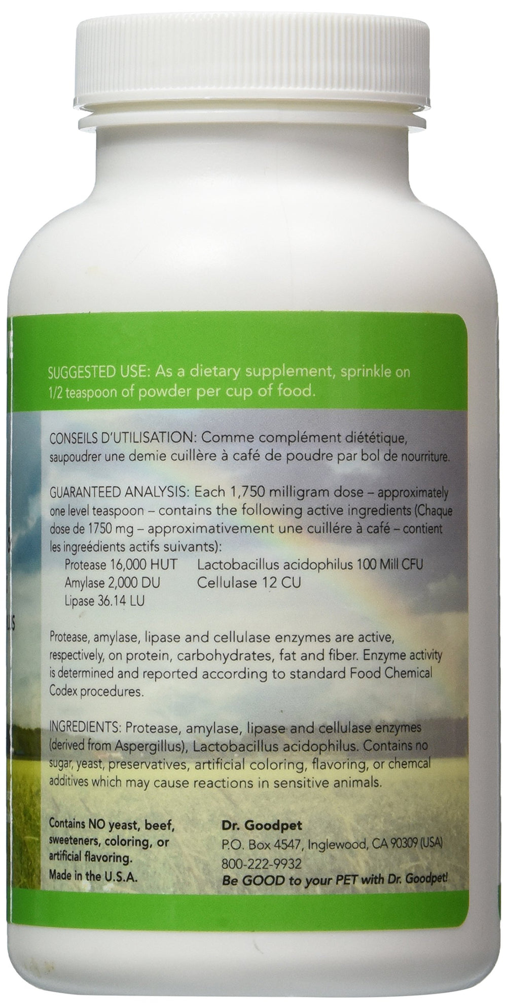 Dr. Goodpet feline digestive enzymes capsules closeup showing plant-based enzymes aiding digestion.