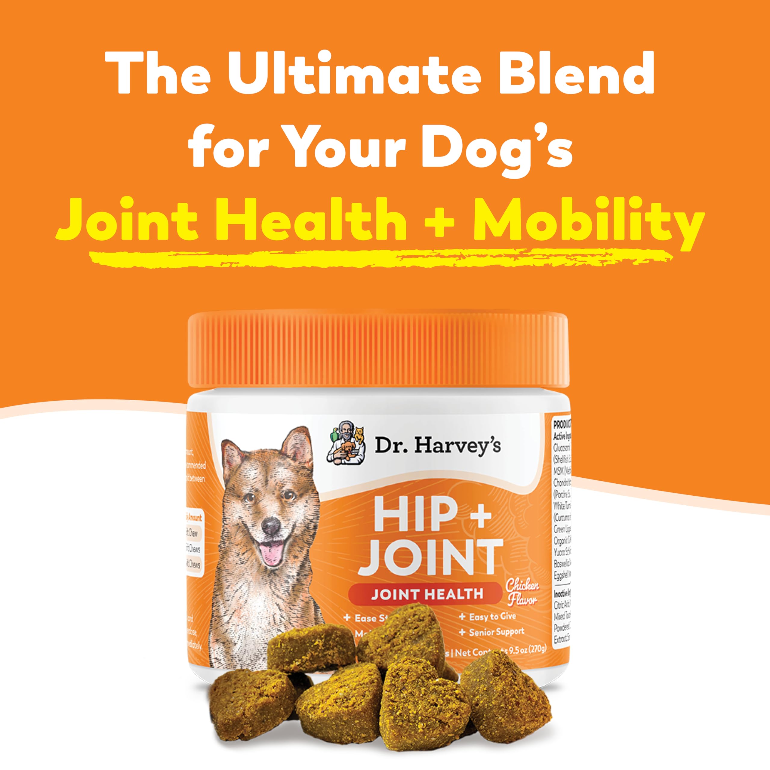 Dr. Harvey's chicken-flavor soft chews entice dogs while supporting joint flexibility.
