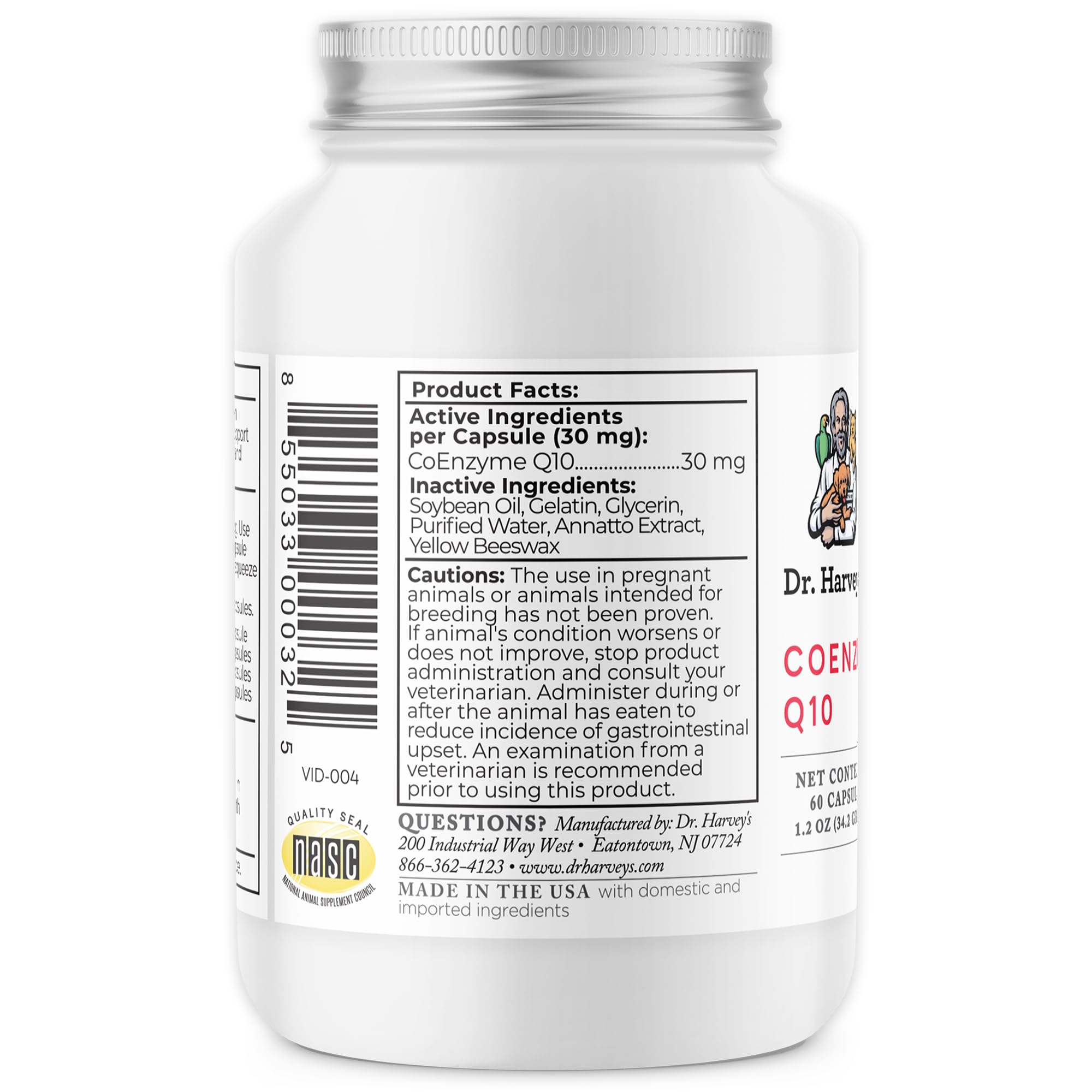 Dr. Harvey's Coenzyme Q10 bottle back label notes no artificial ingredients