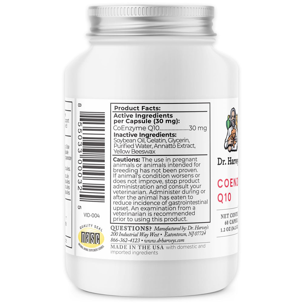 Dr. Harvey's Coenzyme Q10 bottle back label notes no artificial ingredients