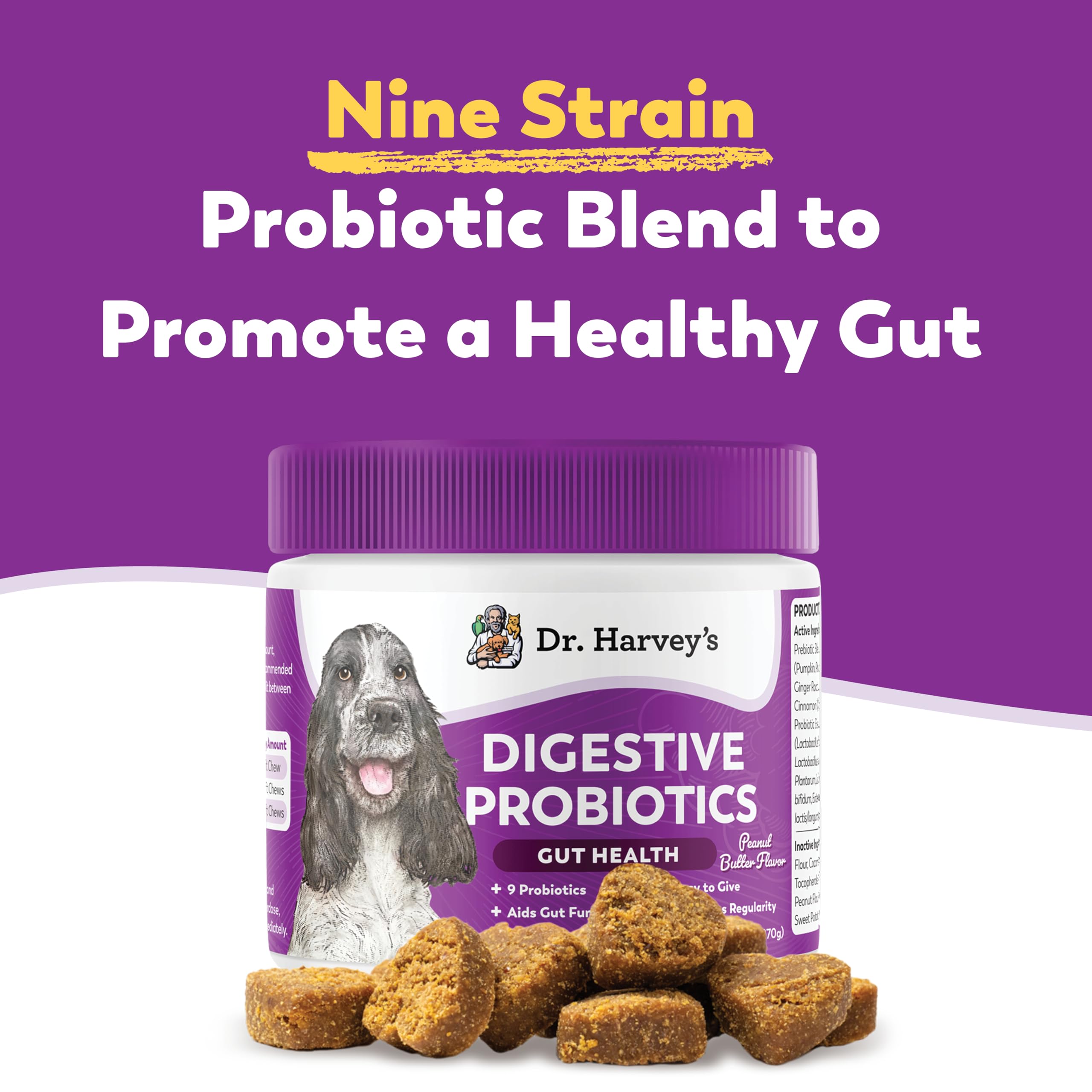 Dr. Harvey's Digestive Probiotic Soft Chews peanut butter flavor entices dogs.