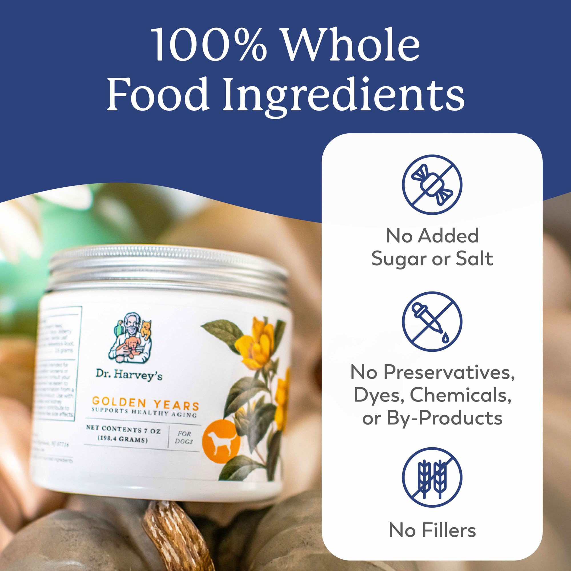 Dr. Harvey's Golden Years dog-meal-mixing demonstrates convenient sprinkling into daily meals.